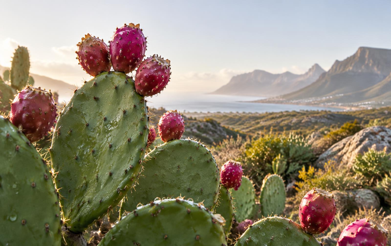Prickly pear cactus fruit in a South African coastal landscape